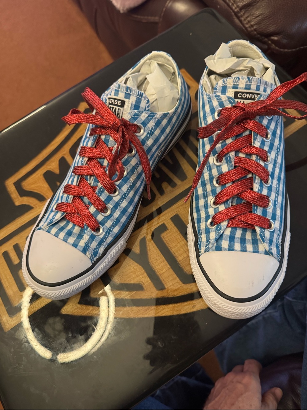 Converse Blue Gingham Low Top Sneakers with Red Laces